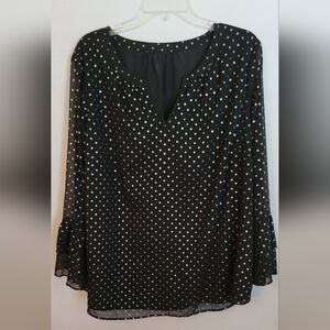 Womens Black & Metallic Silver Polka Dot Bell Sleeve Blouse
